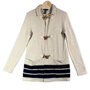 LRL Lambswool Knit Long Cardigan Coat Small Oatmeal Navy Toggles Pockets Classic